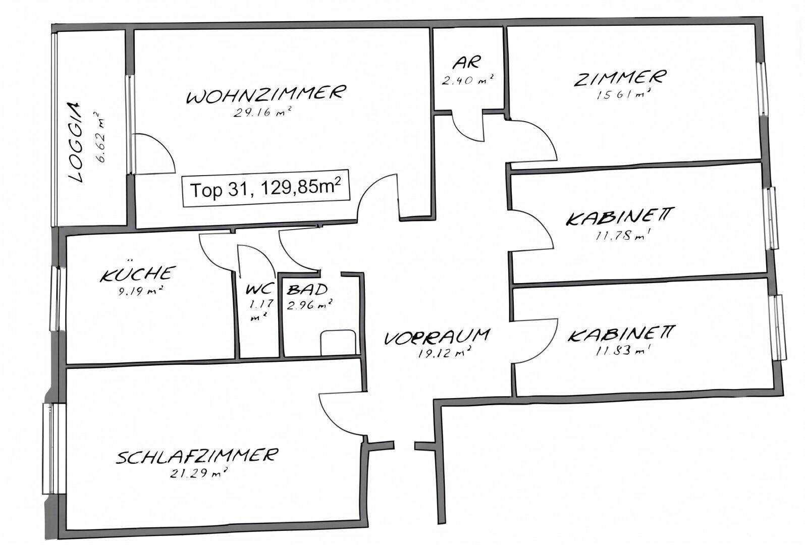 Grundriss der Wohnung mit klar definierten Räumen und einer Loggia.