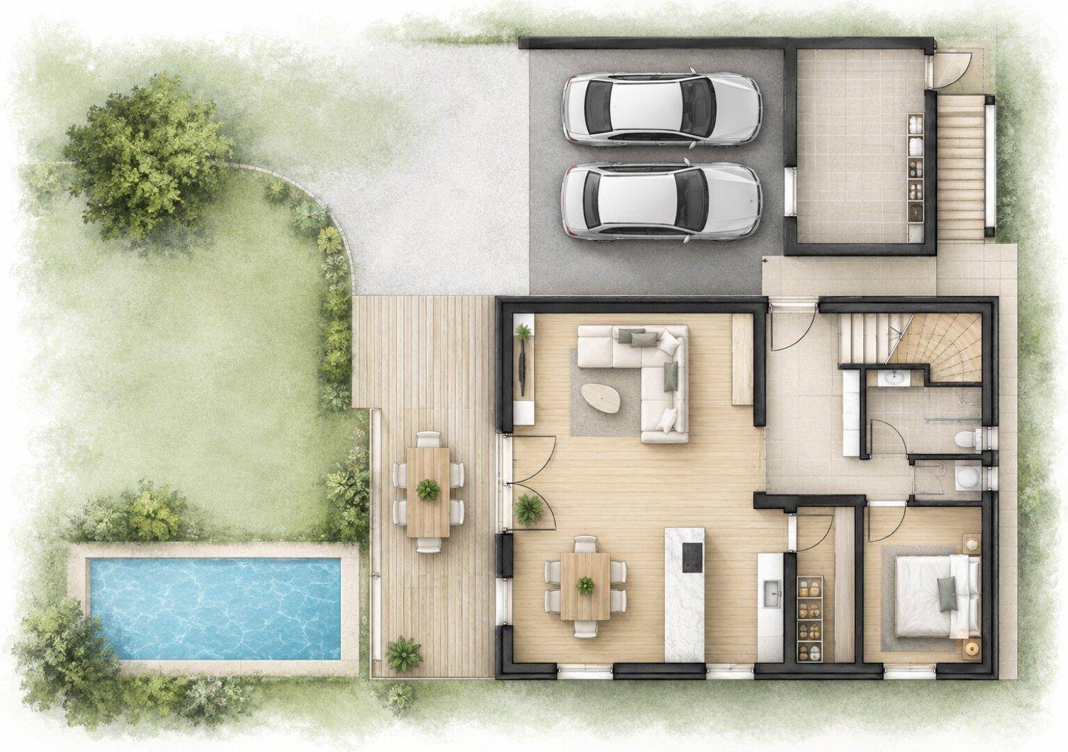 Grundriss des Erdgeschosses mit offenem Wohnbereich, Küche, Schlafzimmer und Zugang zu Pool und Terrasse.