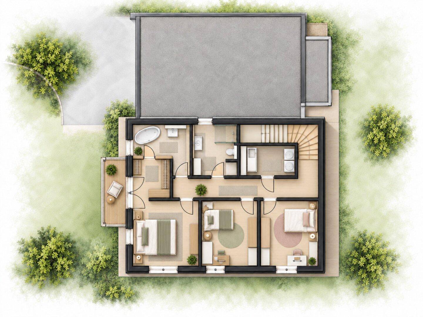 Grundriss des Obergeschosses mit drei Schlafzimmern, zwei Bädern und einem Balkon.