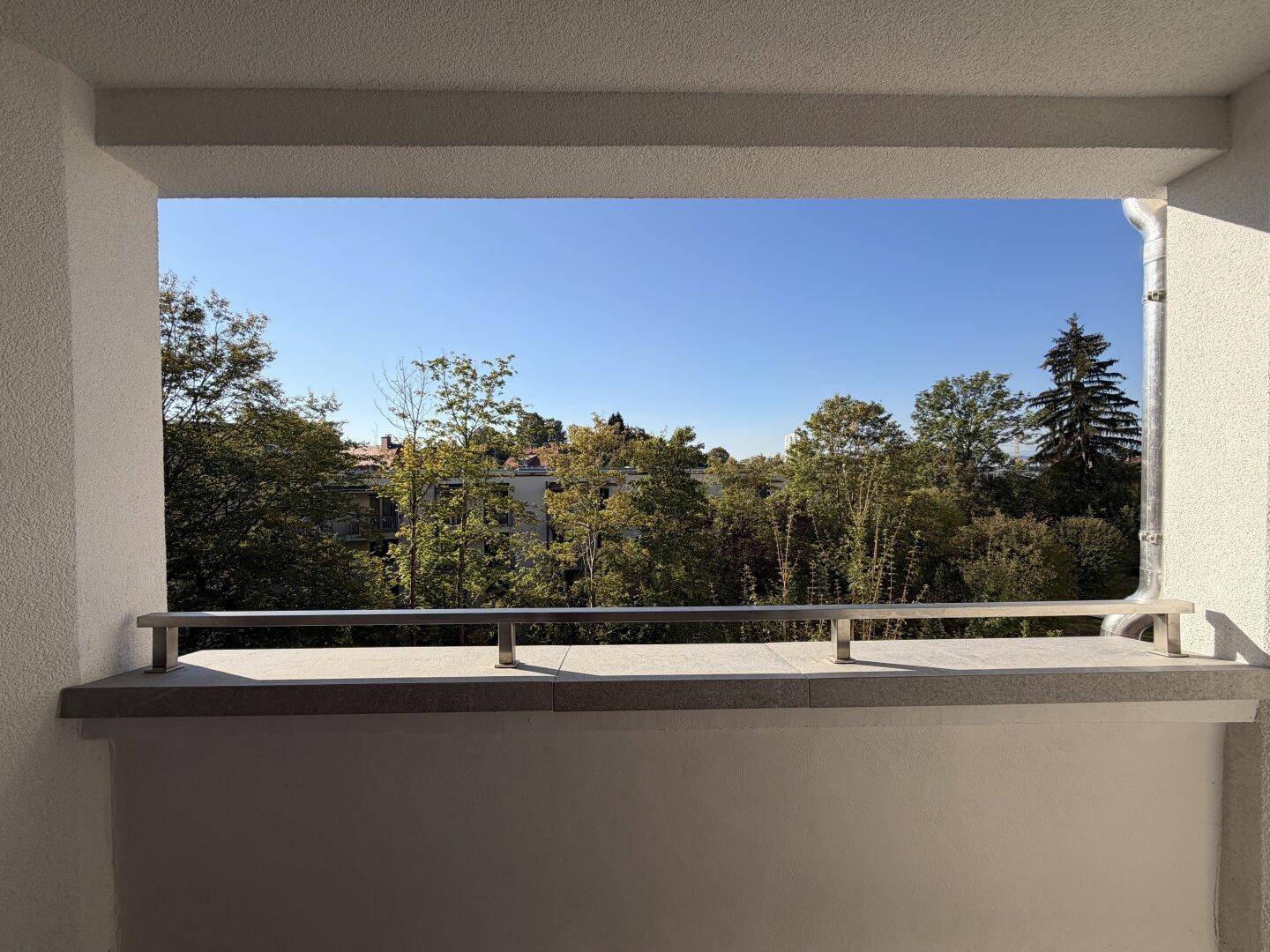 Blick vom Balkon auf die grüne Umgebung und den blauen Himmel an einem sonnigen Tag.