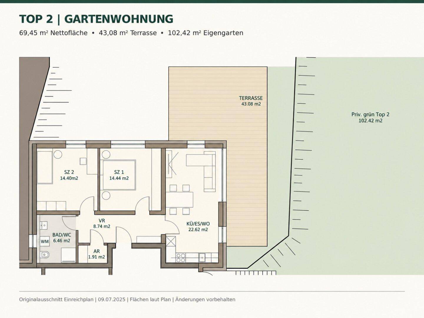Grundriss der Gartenwohnung Top 2 mit offener Wohnküche, zwei Schlafzimmern und großer Terrasse.