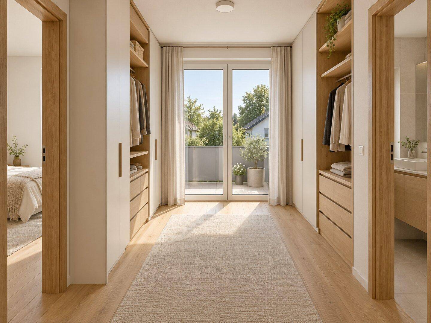 Heller Ankleidebereich mit Einbauschränken und direktem Zugang zu einem Balkon.