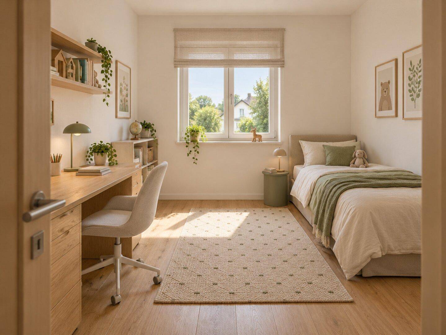 Helles Kinder- oder Gästezimmer mit Schreibtisch, Einzelbett und Blick ins Grüne.