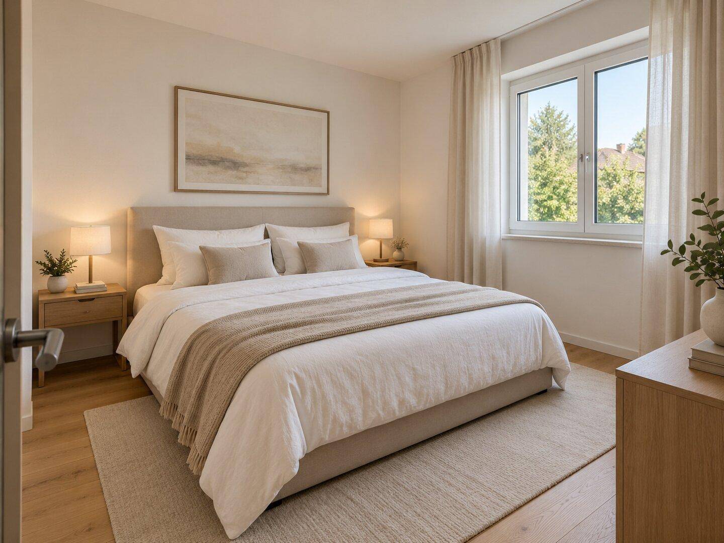 Gemütliches Schlafzimmer mit großem Doppelbett, Nachttischen und viel Tageslicht.