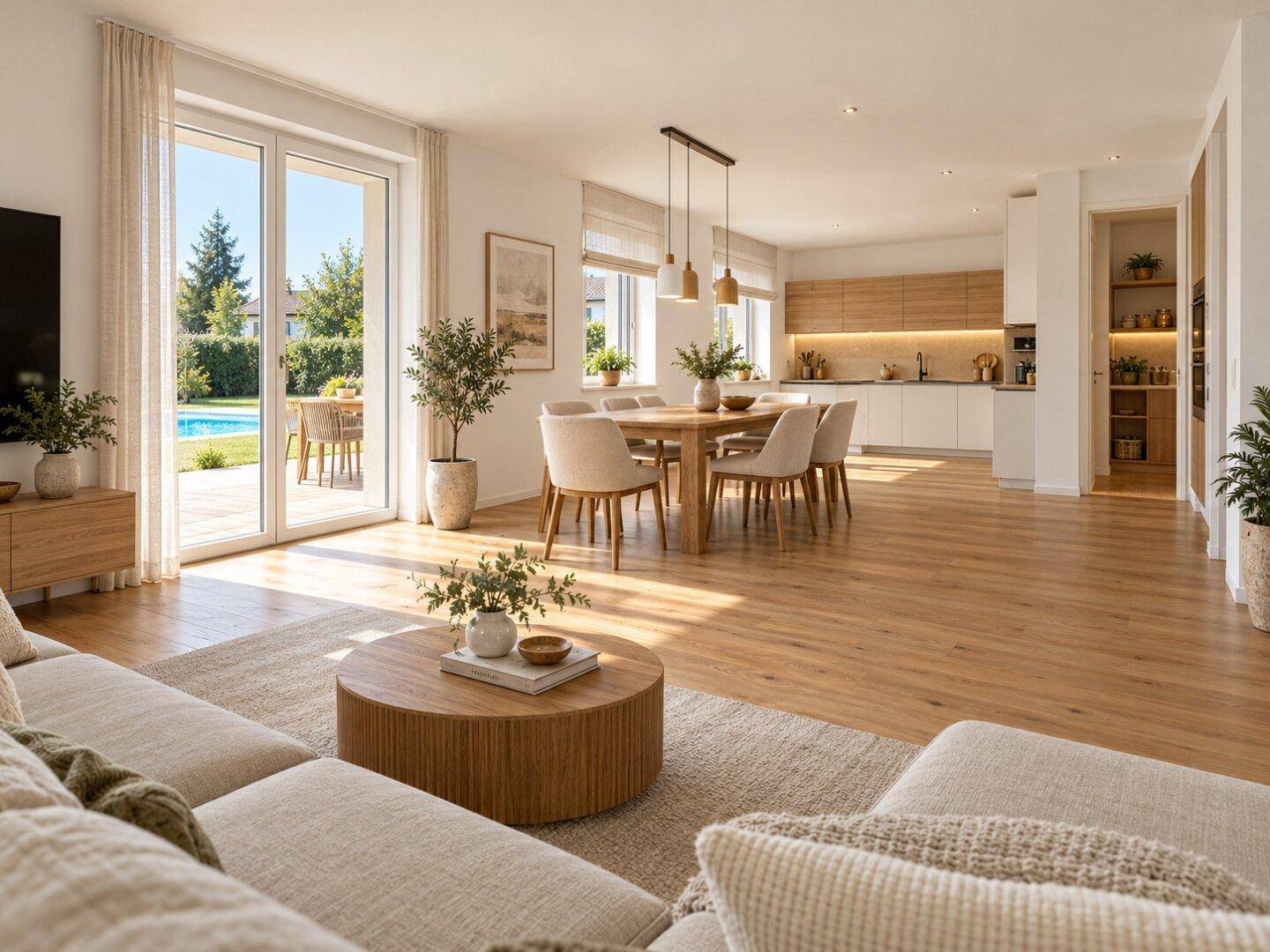 Geräumiger offener Wohn- und Essbereich mit moderner Küche und Zugang zur Terrasse.