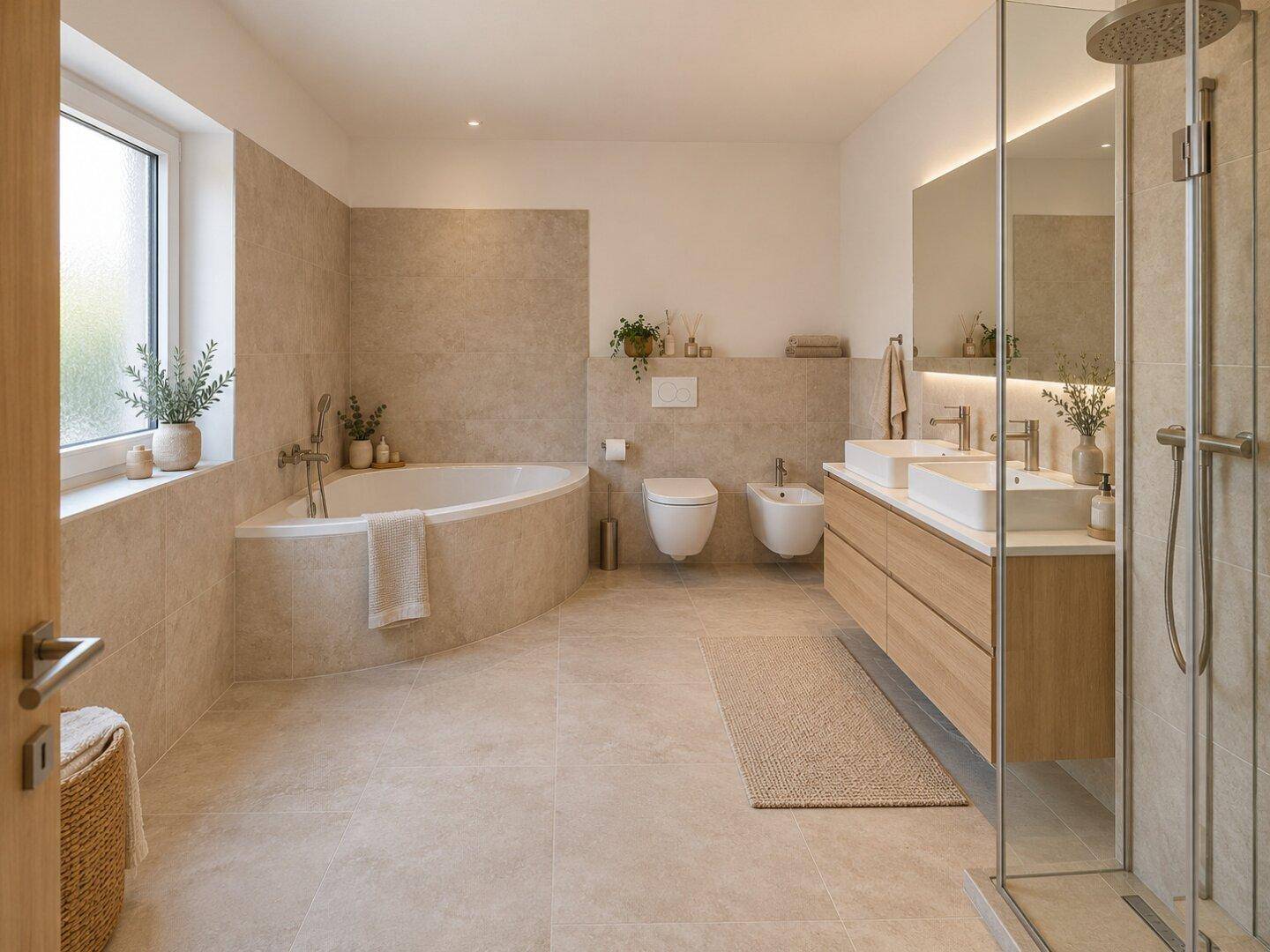Modernes Badezimmer mit Eckbadewanne, Doppelwaschbecken, Bidet und begehbarer Dusche.