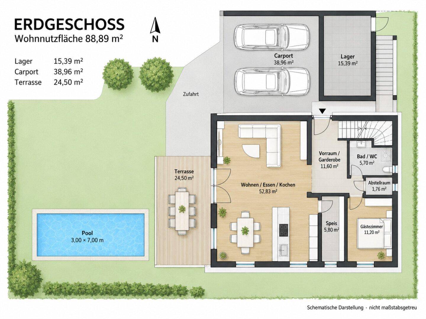 Grundriss des Erdgeschosses mit offenem Wohnbereich, Terrasse, Pool und Carport.