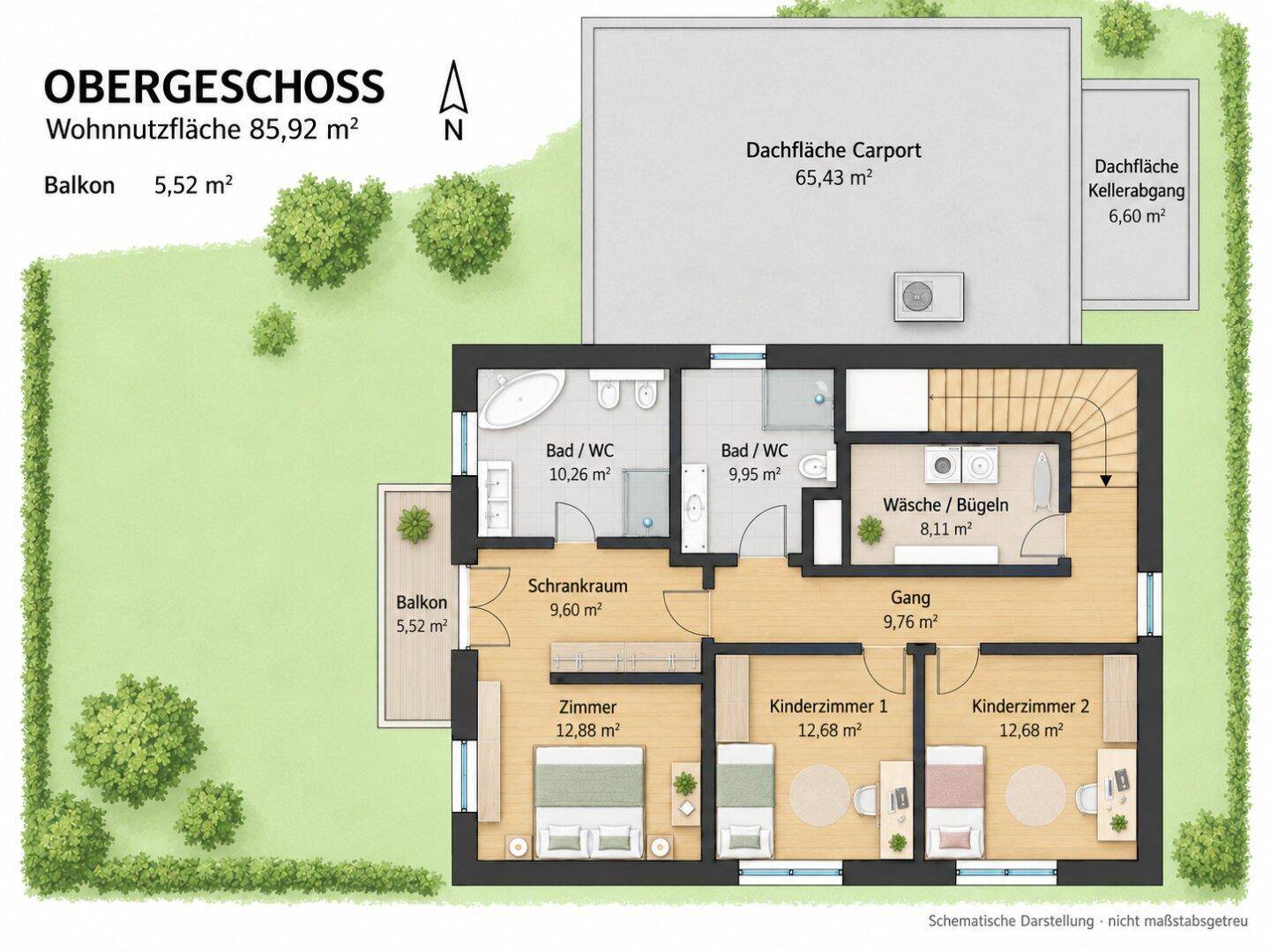 Grundriss des Obergeschosses mit drei Schlafzimmern, zwei Bädern und einem Balkon.