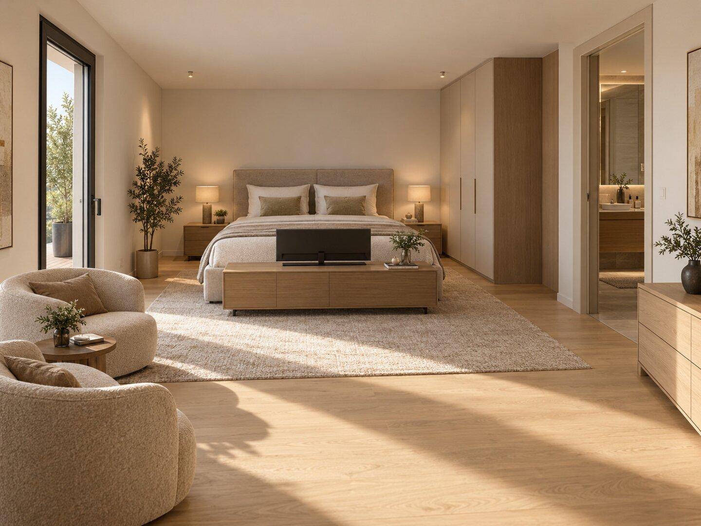 Geräumiges Schlafzimmer mit Doppelbett, Einbauschränken und direktem Zugang zum Badezimmer.