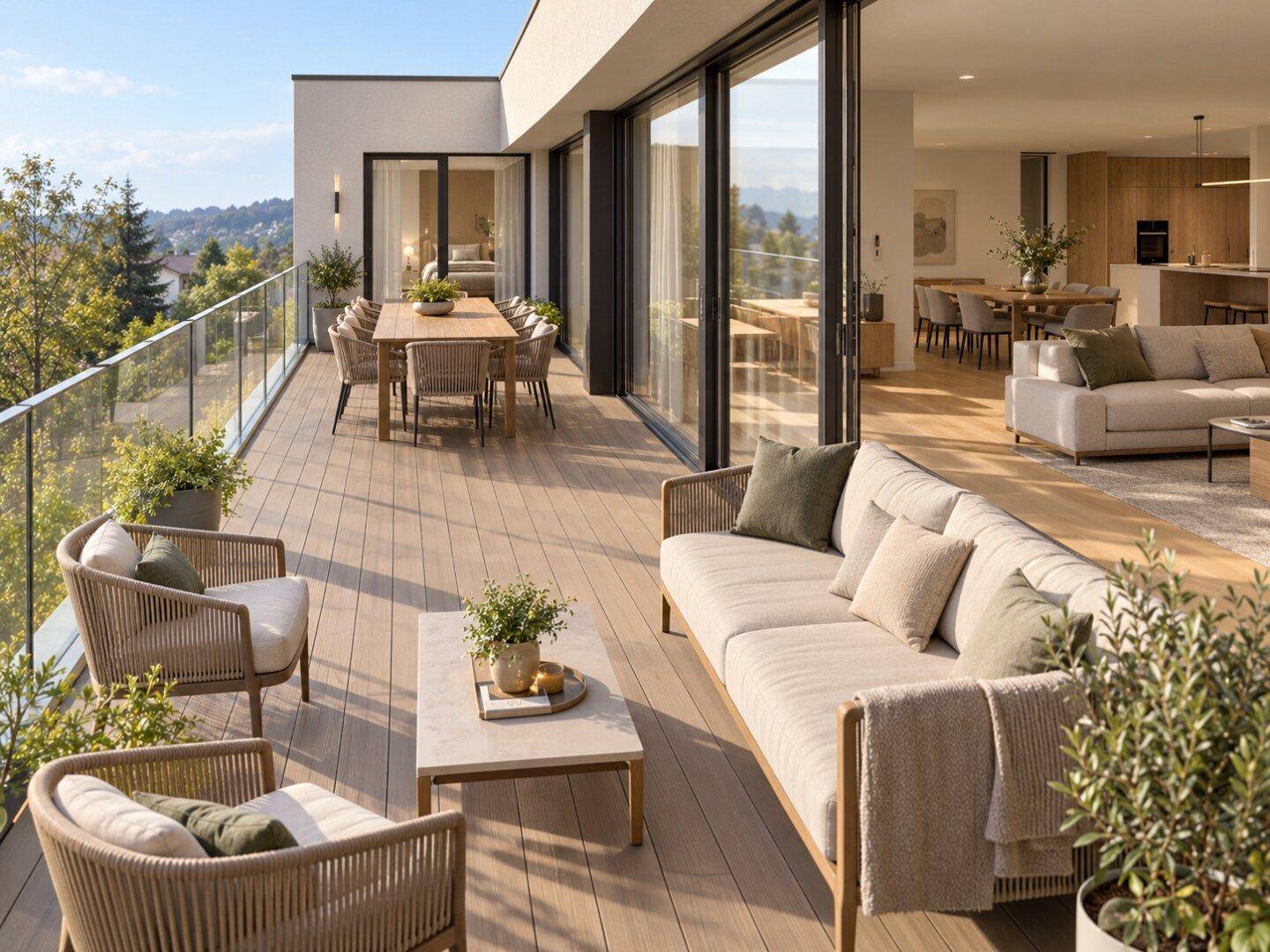 Große, möblierte Terrasse mit weitem Ausblick ins Grüne und Zugang zum Wohnbereich.