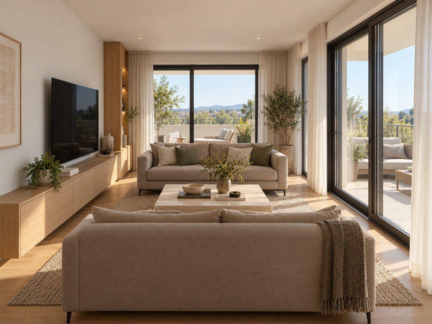 Helles Wohnzimmer mit bequemen Sofas, großzügigen Fensterfronten und Blick ins Grüne.