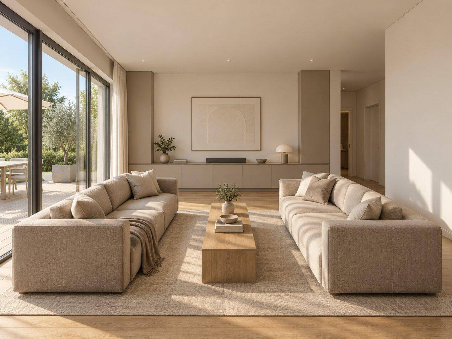 Helles, modernes Wohnzimmer mit bequemen Sofas, Holzboden und Zugang zur Terrasse.