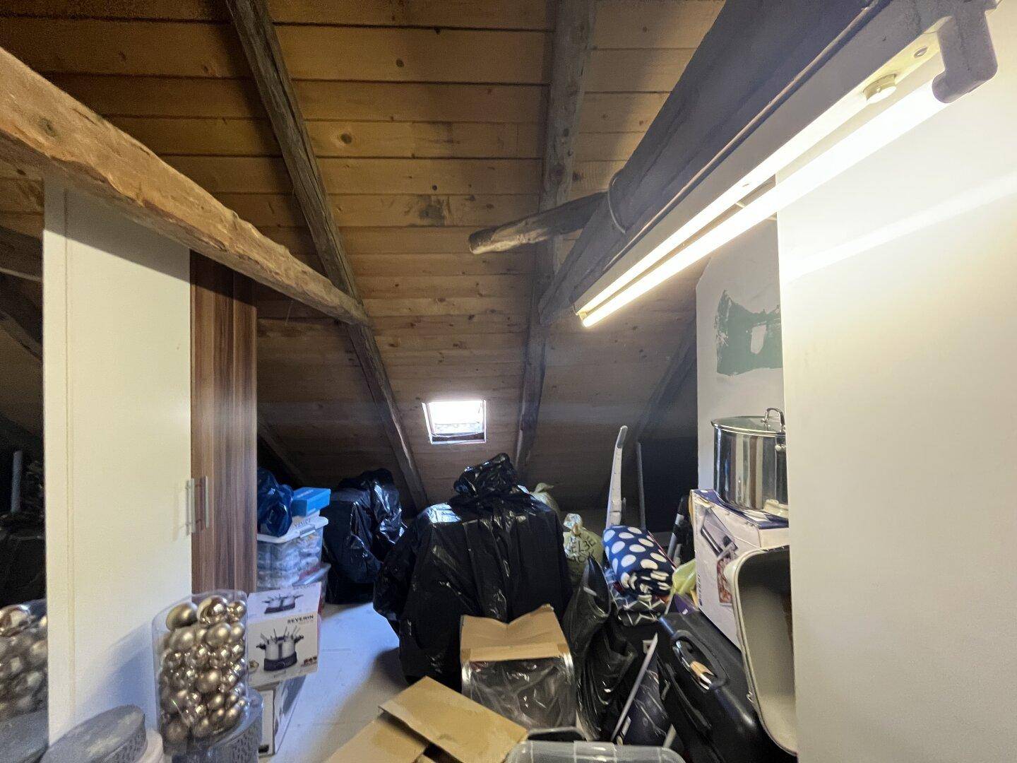 Geräumiger Dachboden mit Holzbalken, Dachfenster und viel Stauraum.