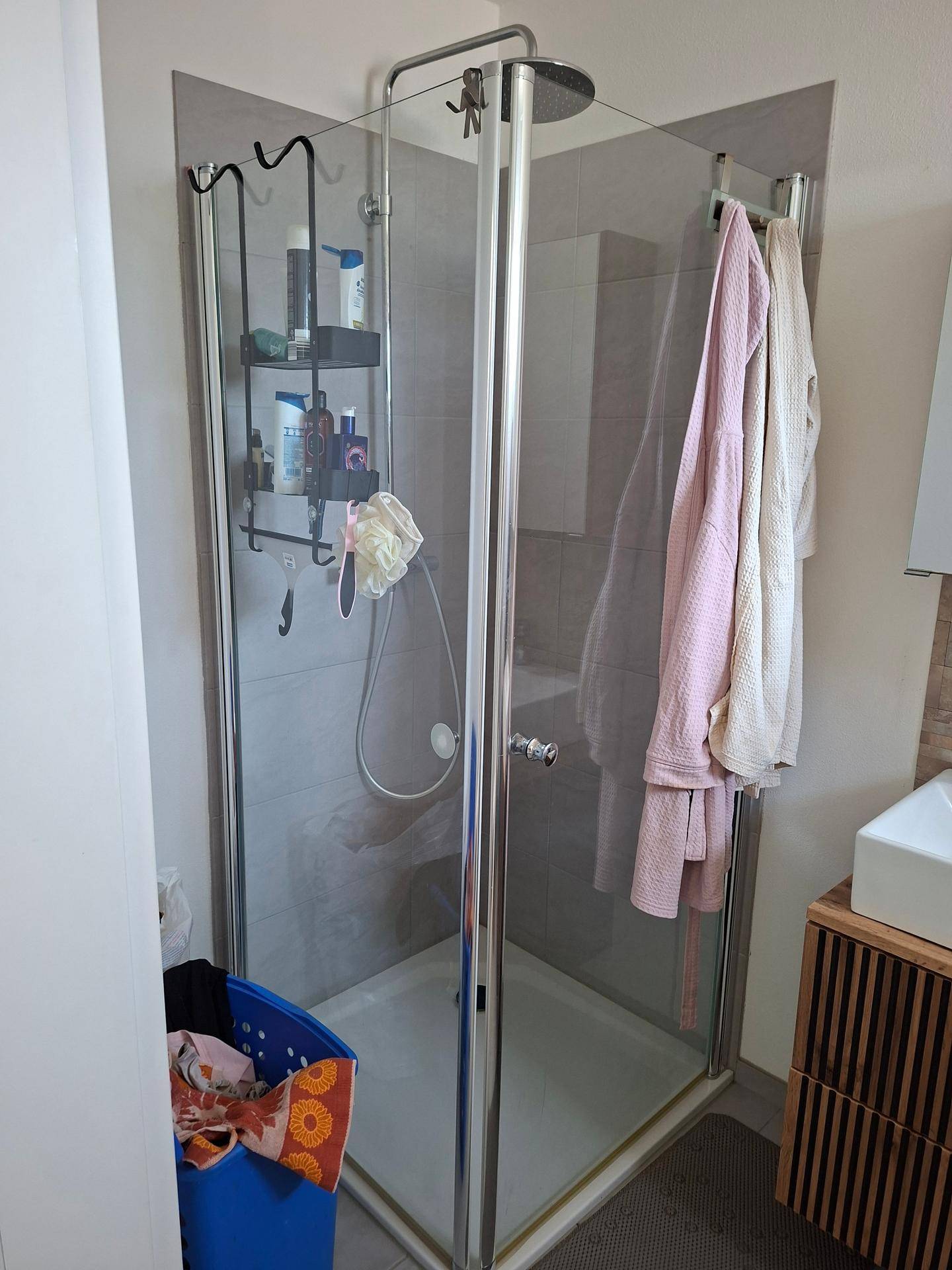 Eckdusche mit Glaswänden und Regenduschkopf in einem modernen Badezimmer.