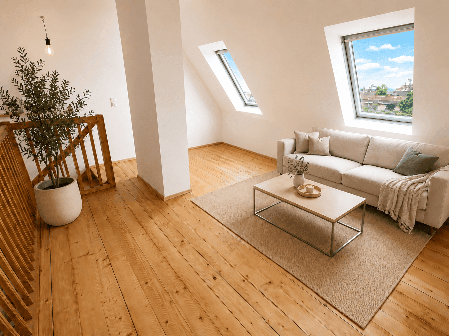 Gemütliches Wohnzimmer im Dachgeschoss mit Holzboden, Sofa und Dachfenstern.