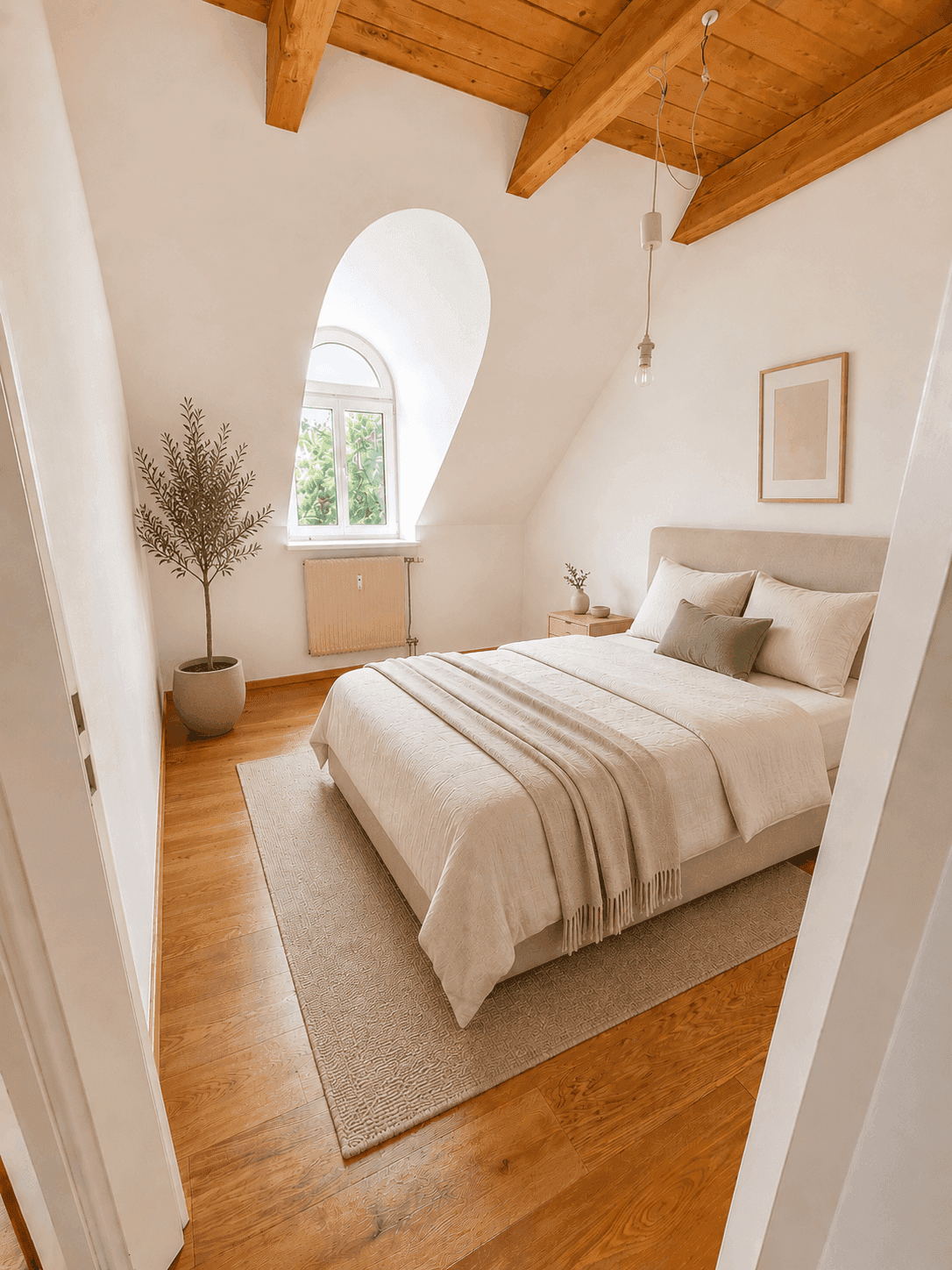 Modern eingerichtetes Schlafzimmer im Dachgeschoss mit Holzbalken und Rundbogenfenster.