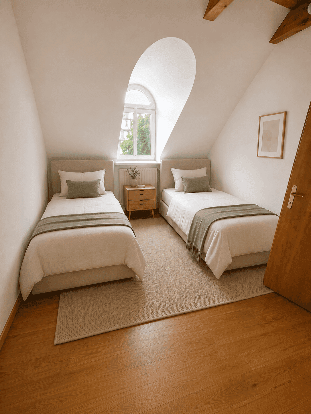 Gemütliches Schlafzimmer im Dachgeschoss mit zwei Einzelbetten, Holzboden und Rundbogenfenster.