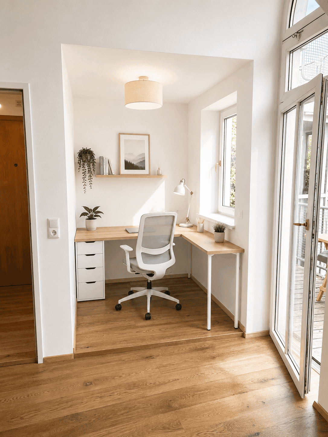 Heller Arbeitsbereich mit Schreibtisch, Bürostuhl und Zugang zu einem Balkon.