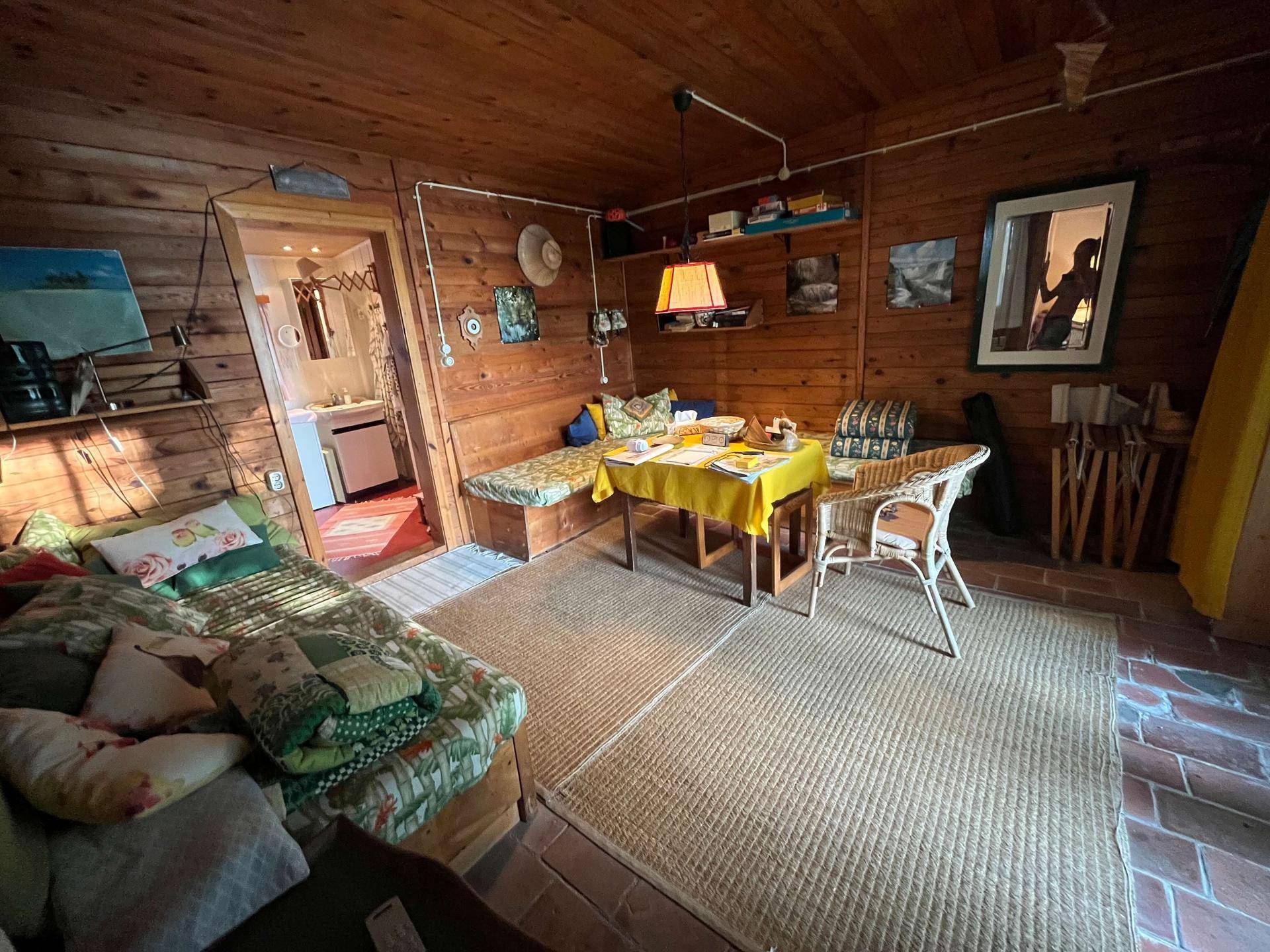 Rustikaler Wohn-Essbereich mit Holzwänden und -decke, gemütlichem Sofa und Esstisch.