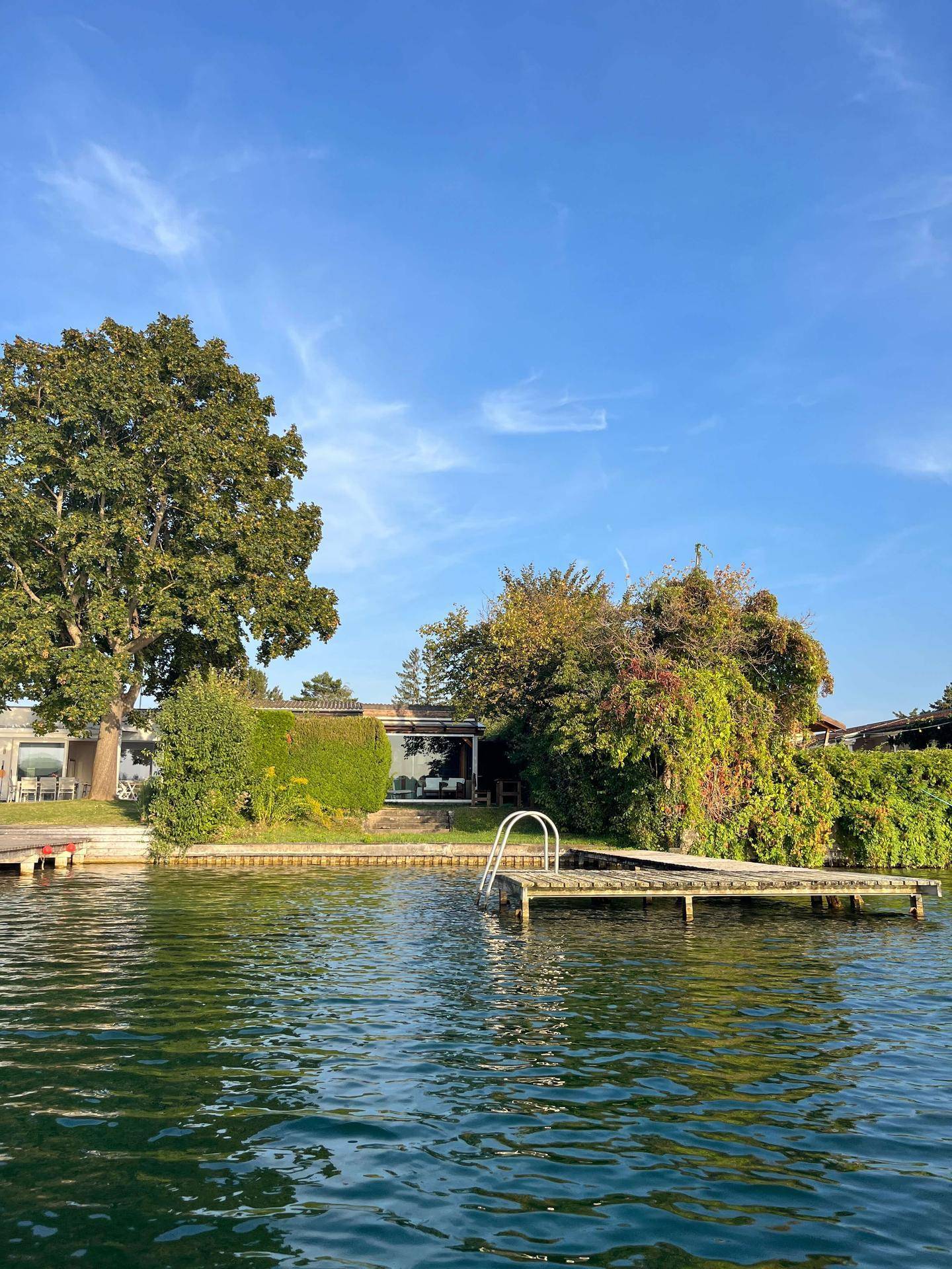 Weitwinkelaufnahme vom Wasser, die den Steg und das Holzhaus in seiner natürlichen Umgebung zeigt.