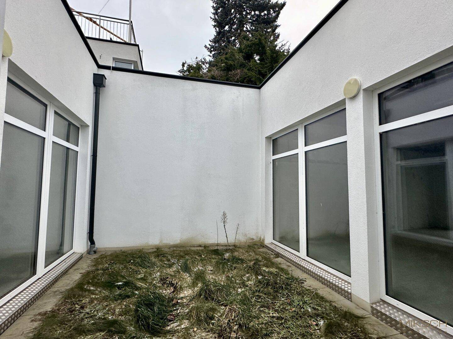 Kleiner, ummauerter Innenhof mit weißen Wänden und spärlicher Begrünung.