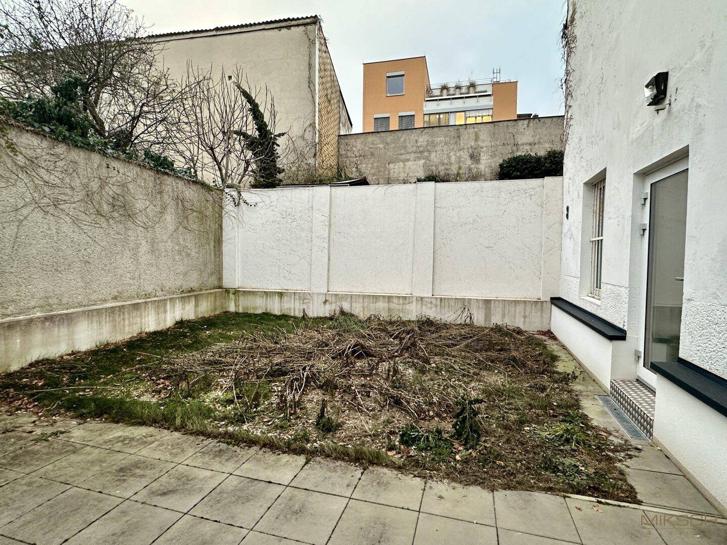Größerer, umzäunter Gartenbereich mit gepflastertem Weg und verwilderten Pflanzen.