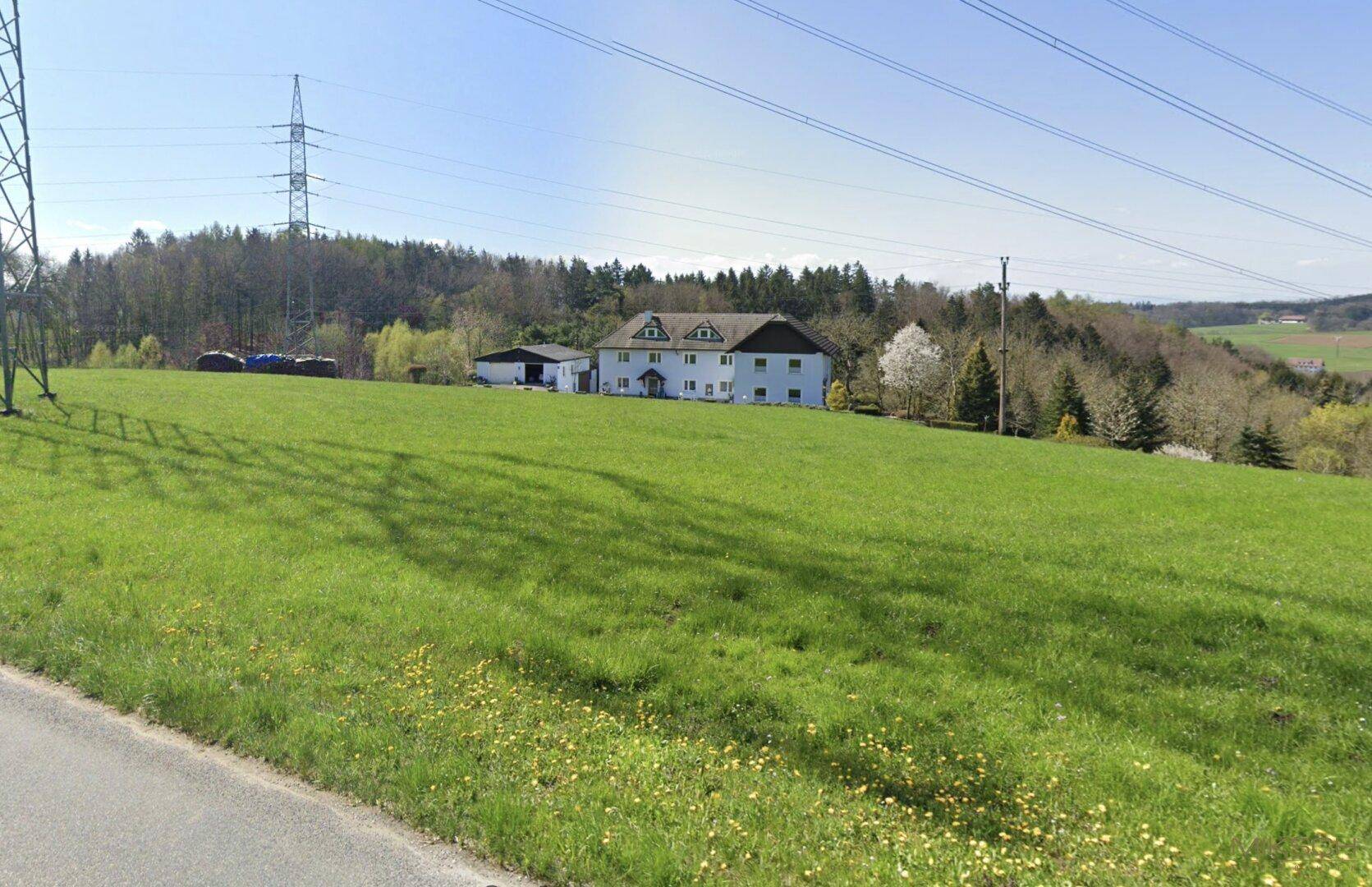Blick auf ein weißes Wohnhaus mit Nebengebäude inmitten grüner Wiesen und Stromleitungen.