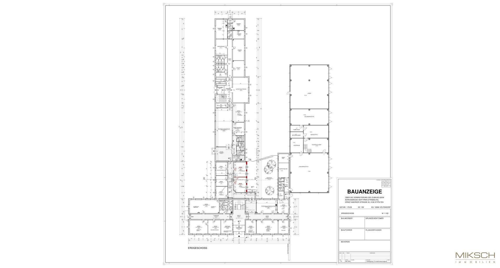 Bauanzeige-Grundriss des Erdgeschosses und Obergeschosses mit Raumdetails.