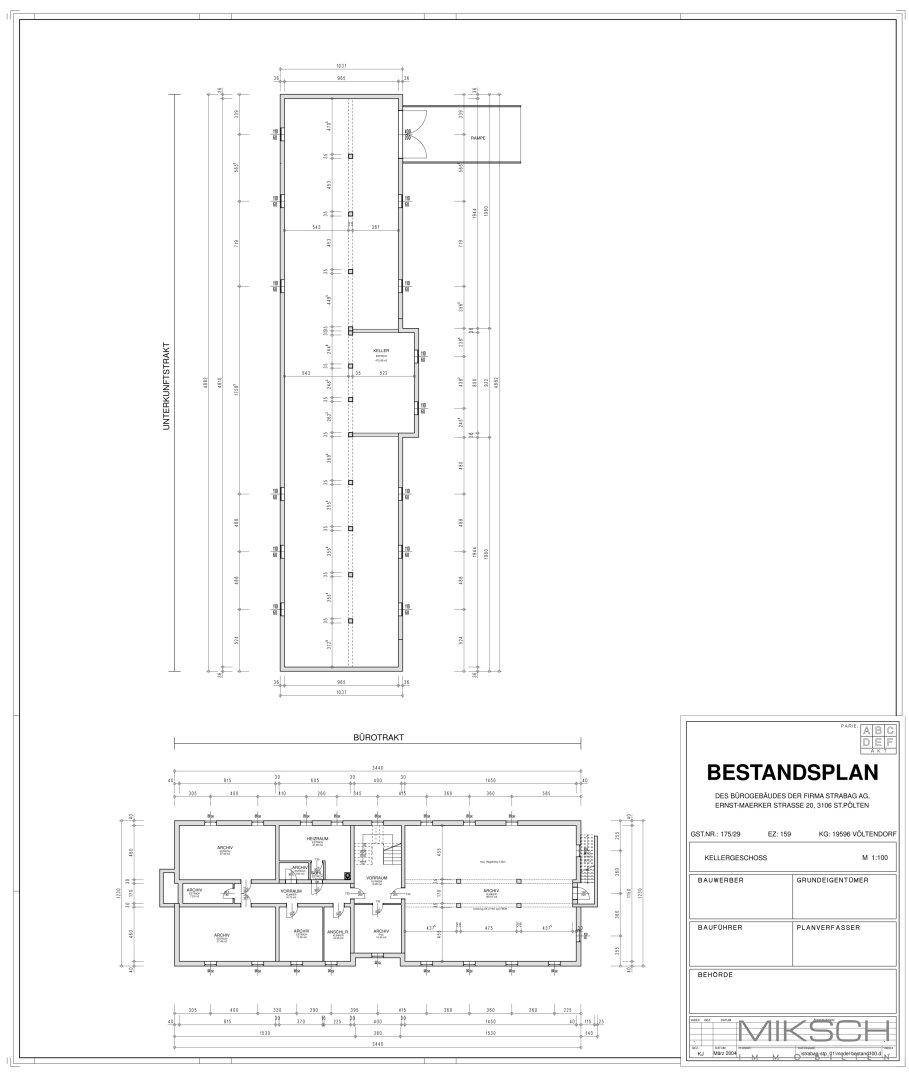 Bestandsplan des Kellergeschosses und Erdgeschosses mit detaillierten Abmessungen.