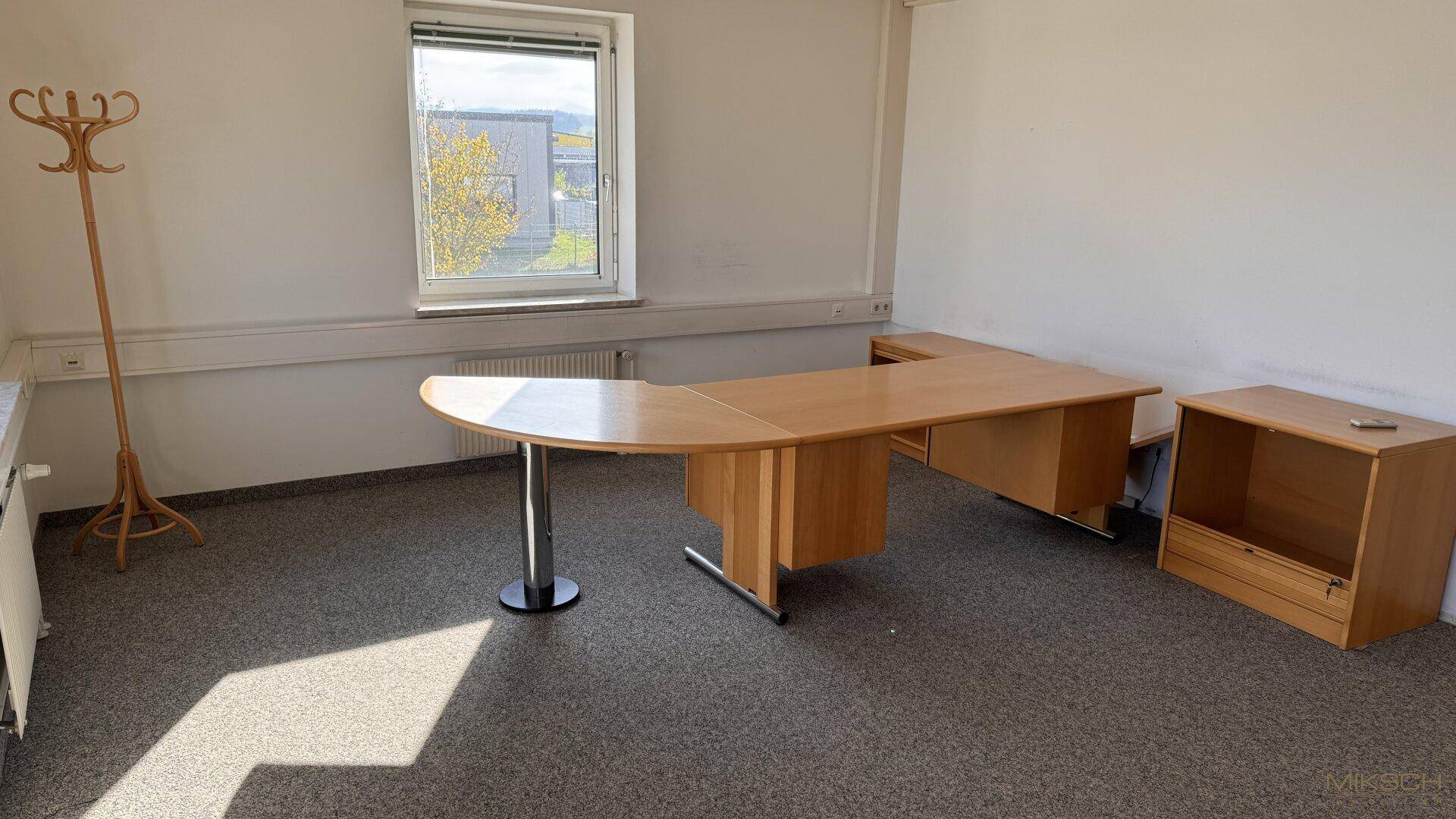 Helles Büro mit Teppichboden und einem großen Eckschreibtisch, ideal für produktives Arbeiten.