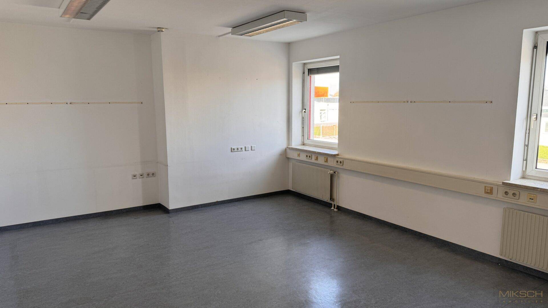 Geräumiges Büro mit grauem Vinylboden, zwei Fenstern und Deckenbeleuchtung.