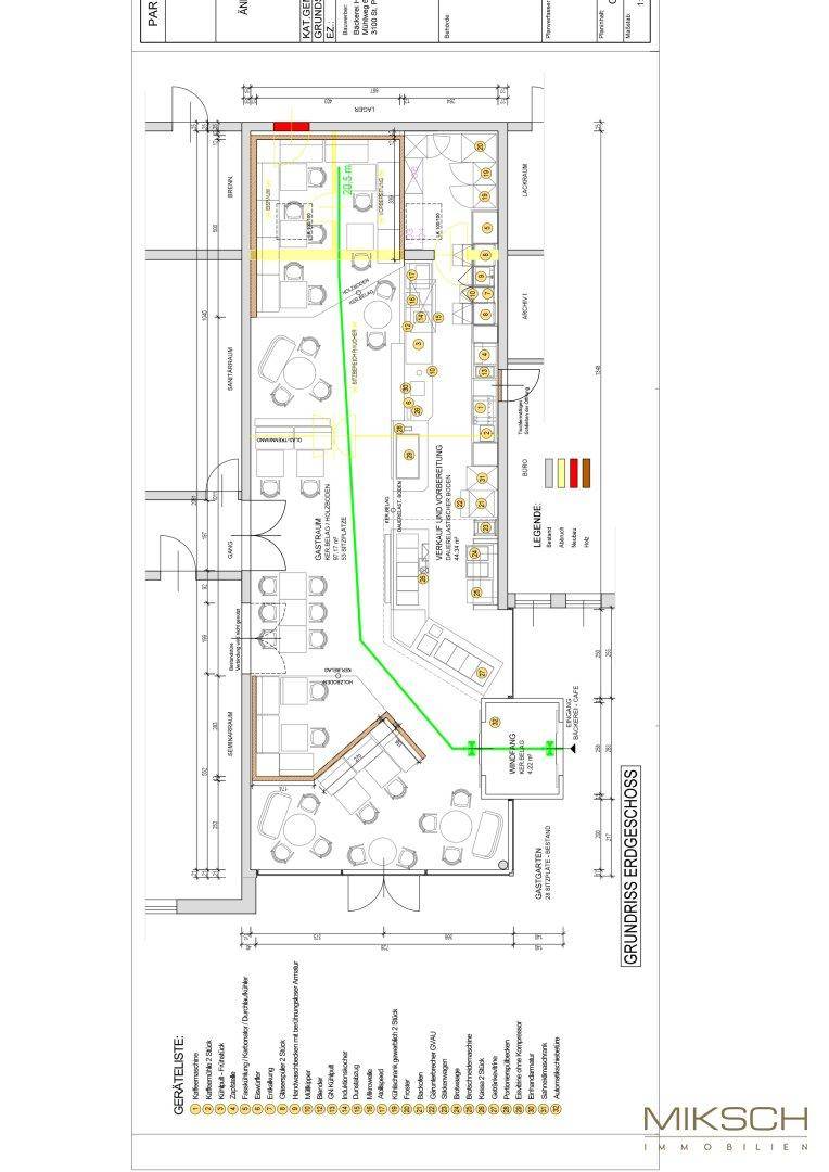 Detaillierter Grundriss des Erdgeschosses mit Gastraum, Küche und Windfang, inklusive Legende.