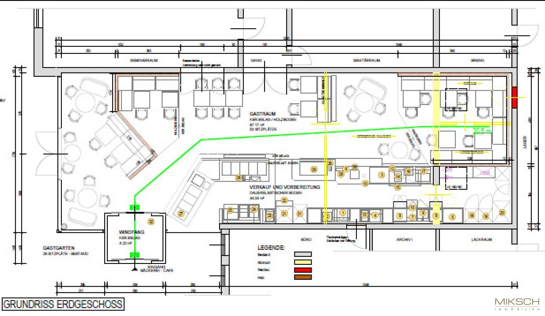 Detaillierter Grundriss eines Erdgeschosses mit Gastraum, Küche und Windfang.