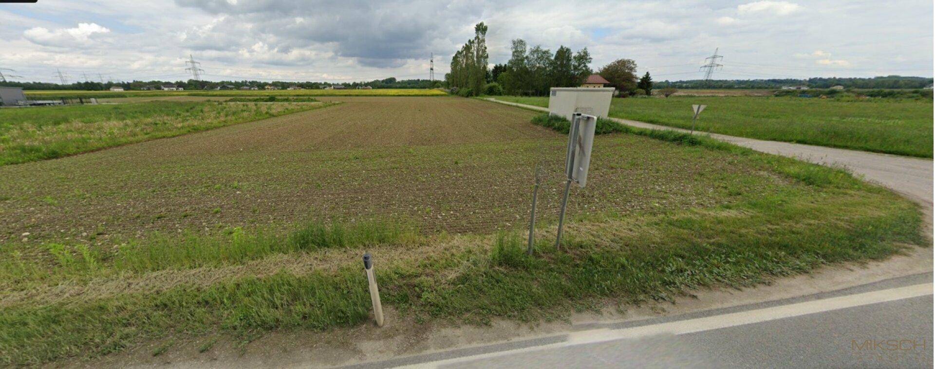 Unbebautes Feldgrundstück mit angrenzender Straße und Blick auf die ländliche Umgebung.