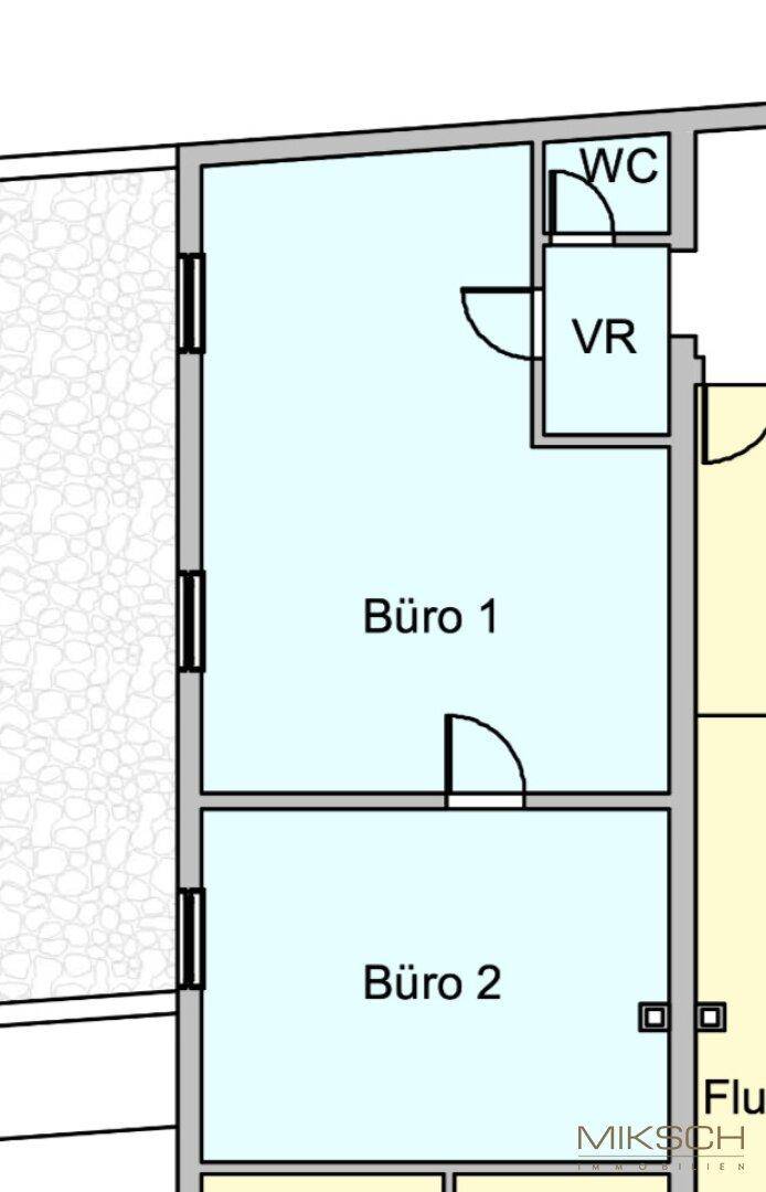 Detaillierter Grundriss eines Büroabschnitts mit zwei separaten Büroräumen und einer Toilette.