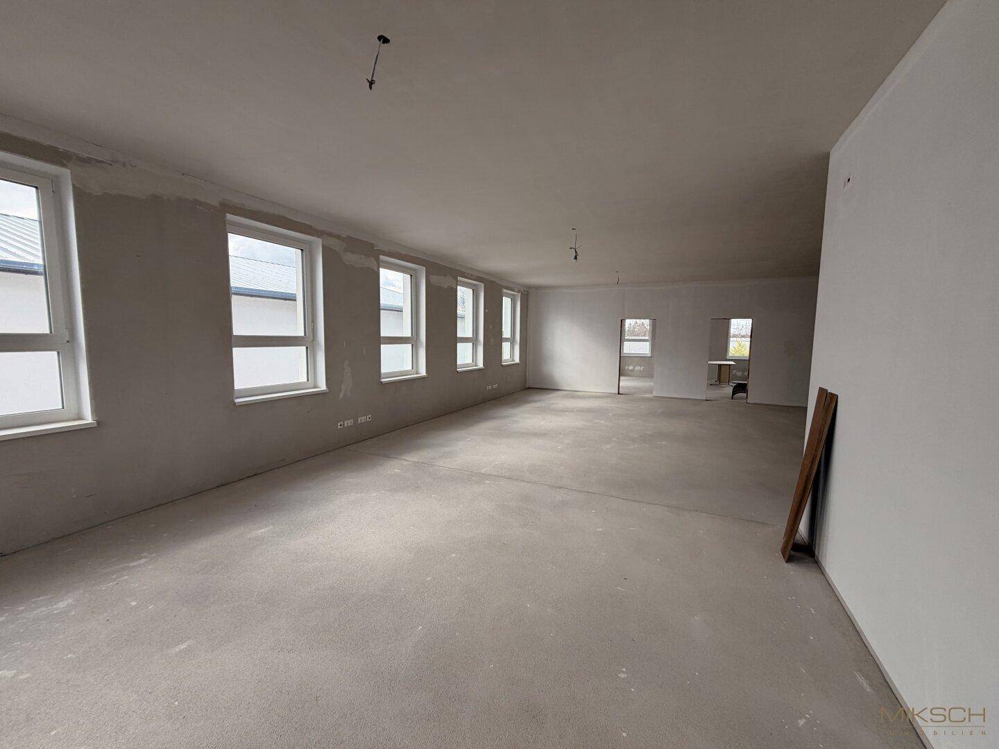Geräumiger Rohbau mit Betonboden und mehreren Fenstern, bereit für den Innenausbau.