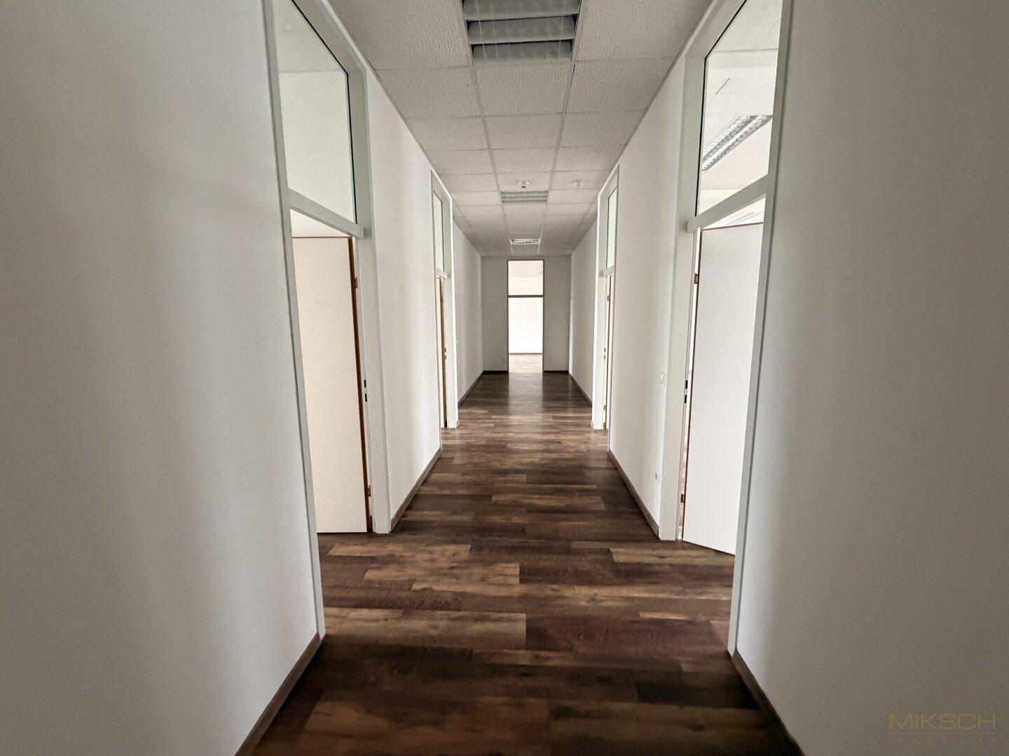 Langer Flur mit dunklem Laminatboden und weißen Wänden, der zu Büros mit Glastüren führt.