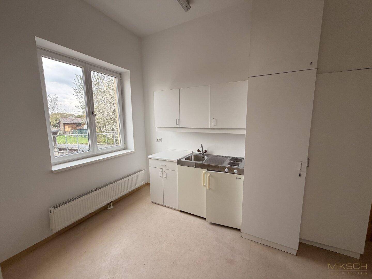 Kleine Küchenzeile mit Fenster, Spüle und Kochfeld in einem hellen Raum mit Blick ins Grüne.