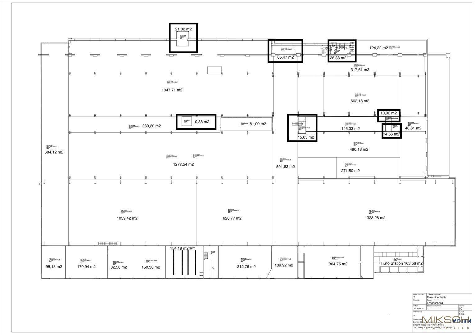 Detaillierter Grundriss des Industriegebäudes mit verschiedenen Bereichen und deren Flächenangaben in m².