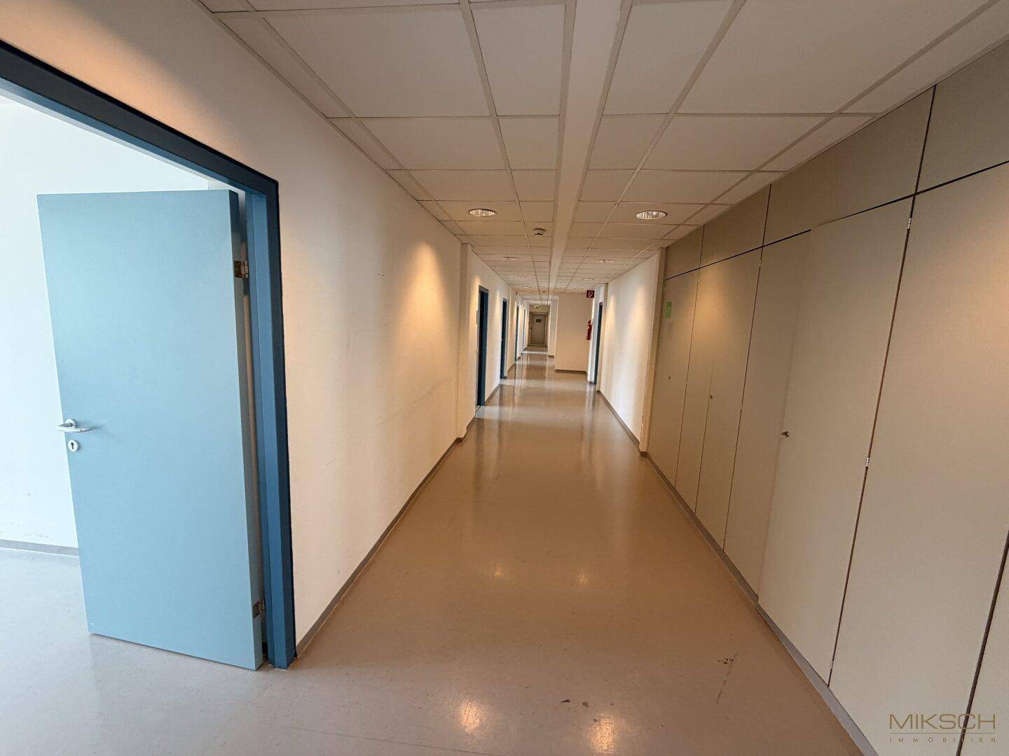 Langer, heller Flur mit mehreren Türen und abgehängter Decke, der verschiedene Büroräume verbindet.