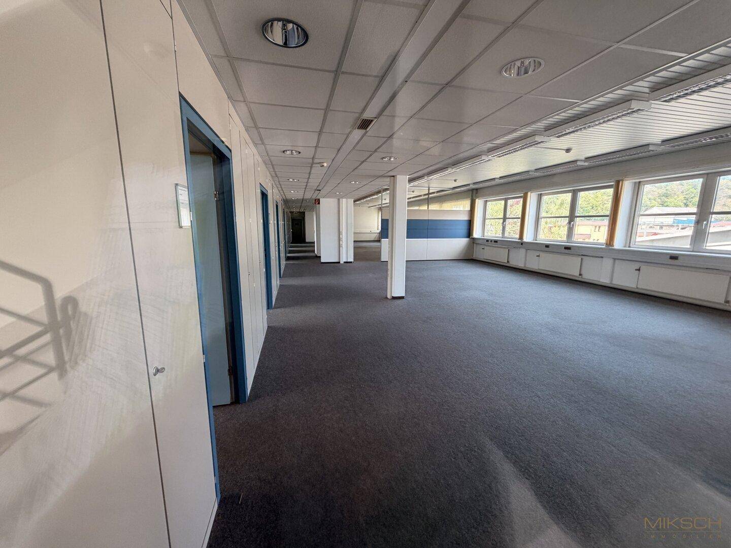 Weitläufiges, leeres Großraumbüro mit Teppichboden und vielen Fenstern, bietet flexible Gestaltungsmöglichkeiten.