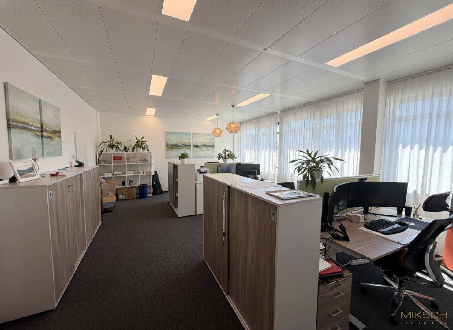 Geräumiges Büro mit mehreren Arbeitsplätzen, großen Fenstern und Teppichboden, ausgestattet mit modernen Möbeln.