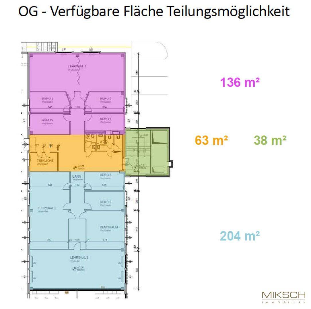 Grundrissplan des Obergeschosses mit flexibler Flächenaufteilung in Büros, Lehrräume und Teeküche, inklusive Treppenhauszugang.