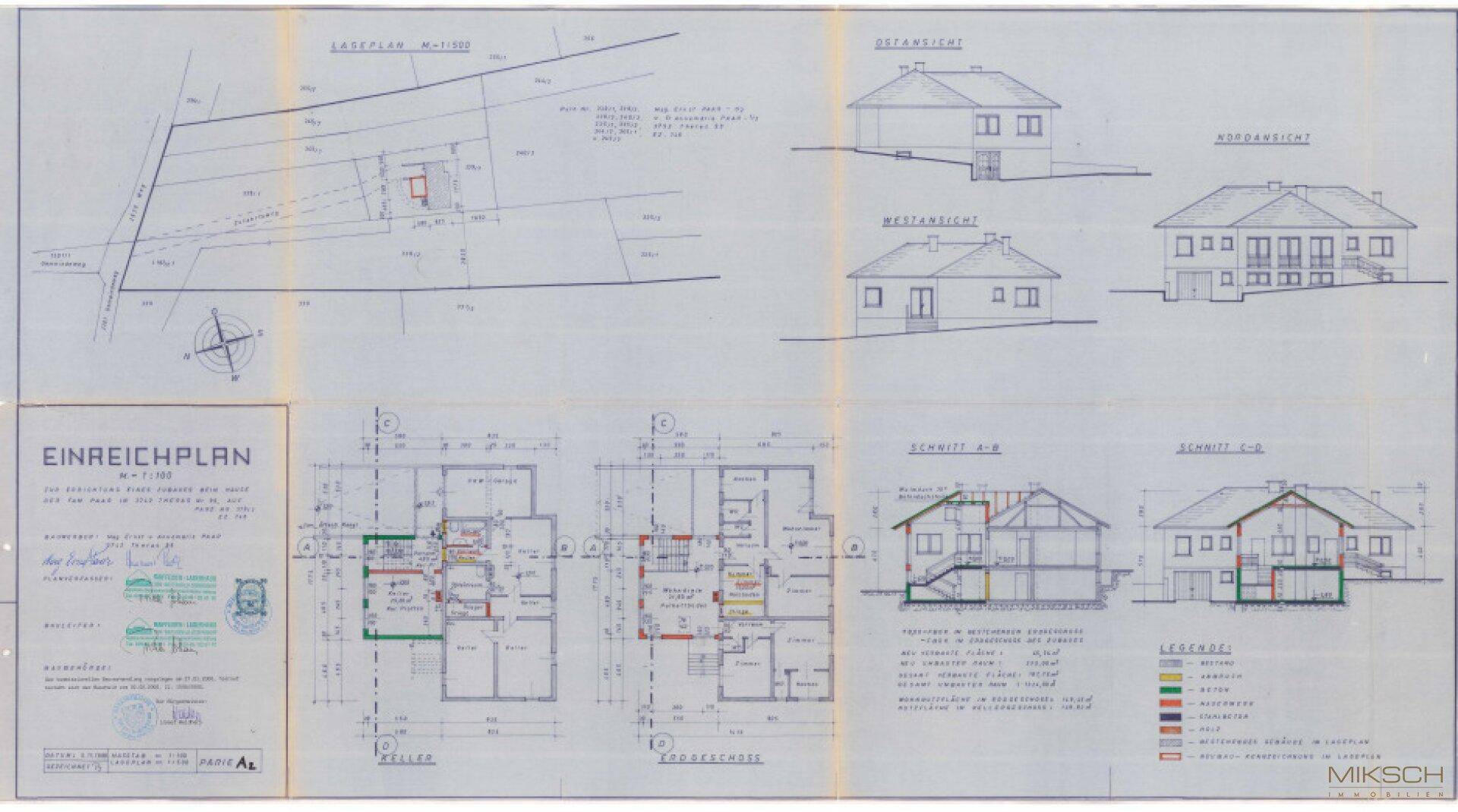Detaillierter Einreichplan mit Lageplan, Grundrissen für Keller, Erdgeschoss und Obergeschoss sowie Ansichten und Schnitten des Hauses.