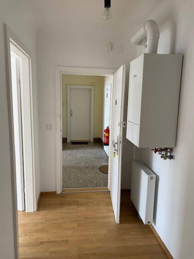 Flur mit Holzboden, Heizungsanlage und Zugang zu weiteren Räumen.
