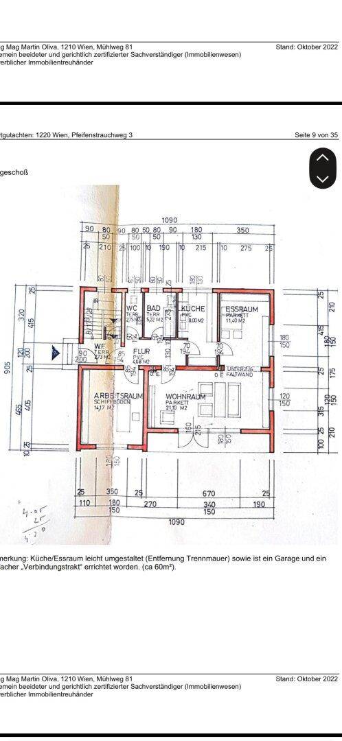 Grundriss des Erdgeschosses mit Wohnraum, Küche und Bad, inklusive Maßen.