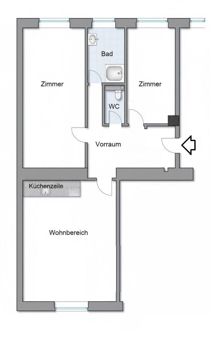 Grundriss einer Wohnung mit zwei Zimmern, Wohnbereich mit Küchenzeile, Bad und WC.