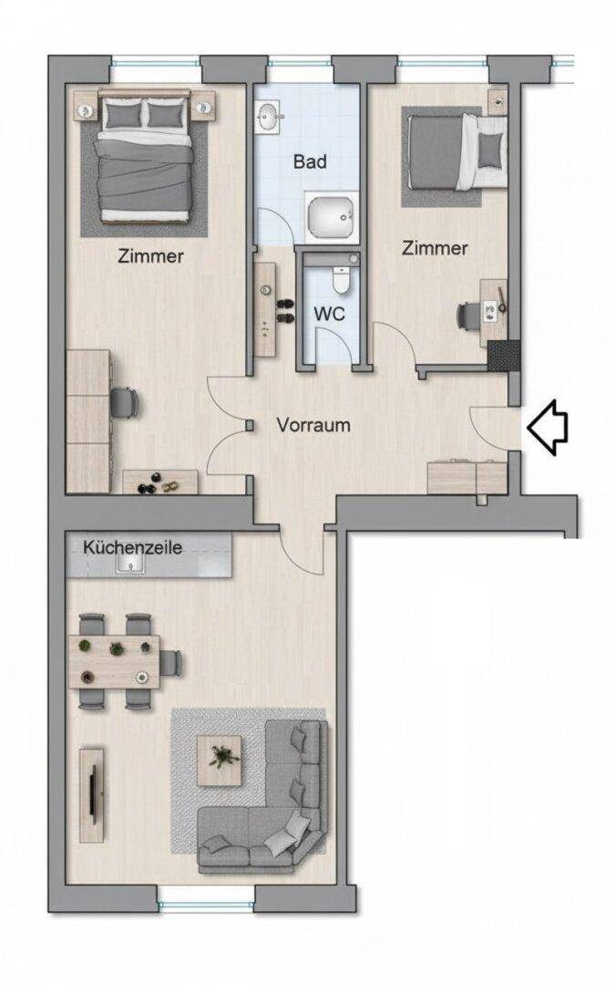 Grundriss einer Wohnung mit zwei Schlafzimmern, offenem Wohn-Essbereich, integrierter Küche und separatem Gäste-WC.