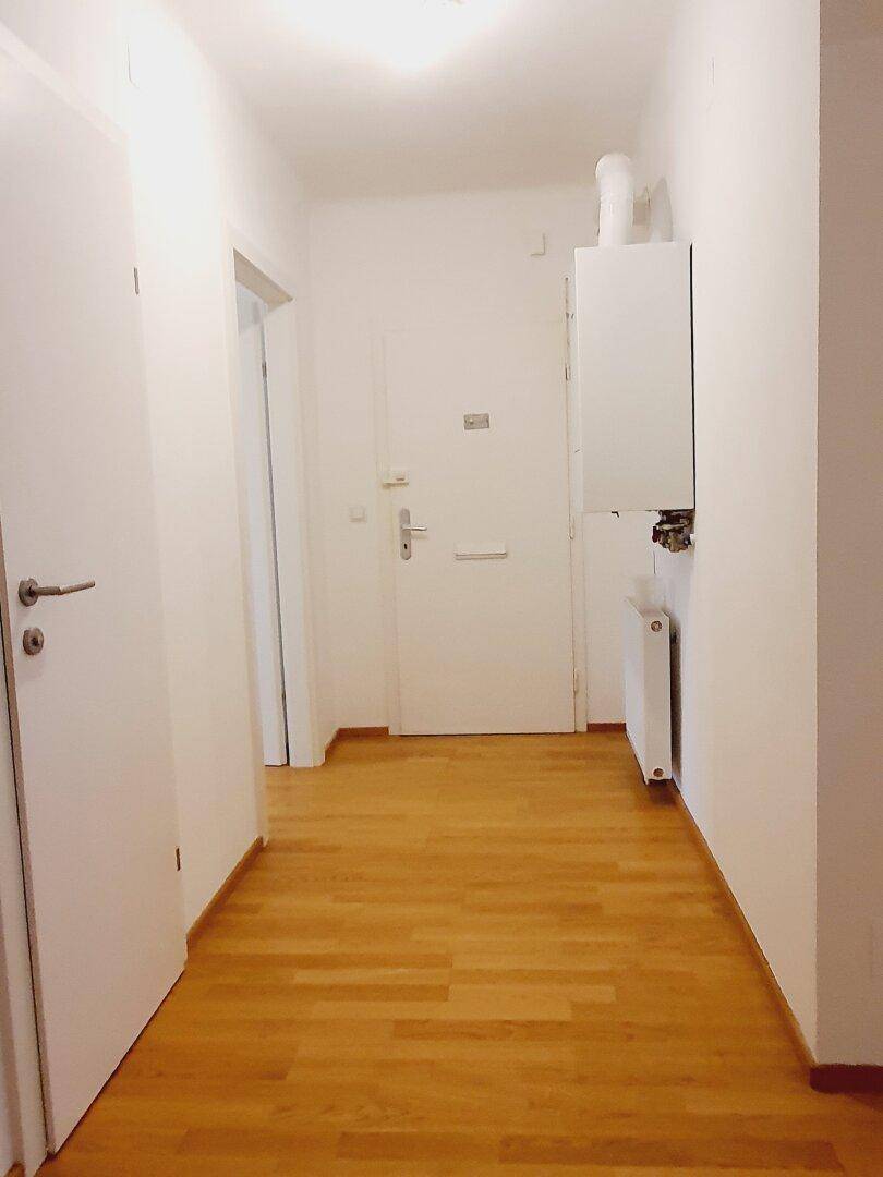 Heller Flur mit Holzboden und Zugang zu verschiedenen Räumen, inklusive Heizungsanlage.