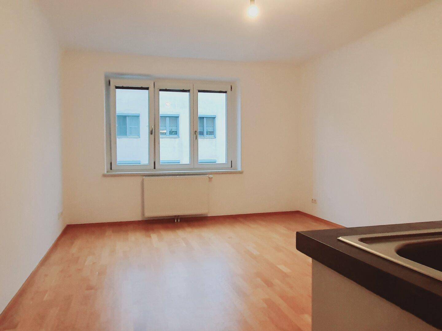 Heller Raum mit großem Fenster und Heizkörper, der auf einen Innenhof blickt.
